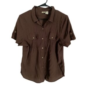 Vintage 90s :: Islander Women's Brown Button Down Short Sleeve Shirt Size XL
